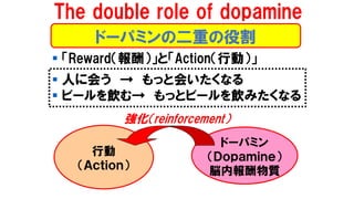 ▪ 「Reward（報酬）」と「Action（行動）」
▪ 人に会う → もっと会いたくなる
▪ ビールを飲む→ もっとビールを飲みたくなる
The double role of dopamine
ドーパミンの二重の役割
行動
（Ａｃｔｉｏｎ）
ドーパミン
（Ｄｏｐａｍｉｎｅ）
脳内報酬物質
強化（reinforcement）
 