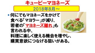 ▪ 何にでもマヨネーズをかけて
食べる「マヨラー」が減り、
若者の「マヨネーズ離れ」も
言われる中、
料理に楽しく使える機会を増やし、
購買意欲につなげる狙いがある。
2018年8月～
キューピーマヨネーズ
 