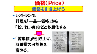 価格を引き上げる
▪ レストランで、
料理を「一品一価格」から
「松、竹、梅」などと多層化する
▪ 「客単価」を引き上げ、
収益増の可能性を
高める。
価格（Ｐrice）
 