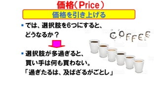 価格を引き上げる
▪ では、選択肢を6つにすると、
どうなるか？
▪ 選択肢が多過ぎると、
買い手は何も買わない。
「過ぎたるは、及ばざるがごとし」
価格（Ｐrice）
 