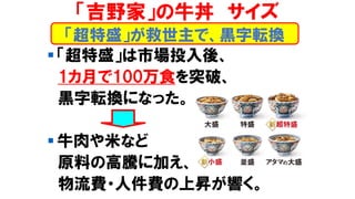 「吉野家」の牛丼 サイズ
▪ 「超特盛」は市場投入後、
1カ月で100万食を突破、
黒字転換になった。
▪ 牛肉や米など
原料の高騰に加え、
物流費・人件費の上昇が響く。
「超特盛」が救世主で、黒字転換
 