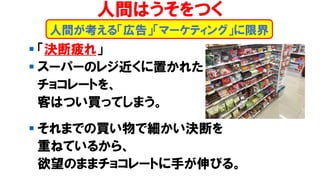 ▪ 「決断疲れ」
▪ スーパーのレジ近くに置かれた
チョコレートを、
客はつい買ってしまう。
▪ それまでの買い物で細かい決断を
重ねているから、
欲望のままチョコレートに手が伸びる。
人間が考える「広告」「マーケティング」に限界
人間はうそをつく
 