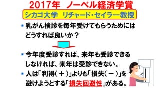 シカゴ大学 リチャード・セイラ―教授
▪ 乳がん検診を毎年受けてもらうためには
どうすれば良いか？
▪ 今年度受診すれば、来年も受診できる
しなければ、来年は受診できない。
▪ 人は「利得（＋）」よりも「損失（－）」を
避けようとする「損失回避性」がある。
2017年 ノーベル経済学賞
 