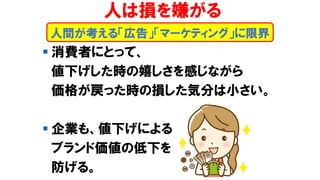 ▪ 消費者にとって、
値下げした時の嬉しさを感じながら
価格が戻った時の損した気分は小さい。
▪ 企業も、値下げによる
ブランド価値の低下を
防げる。
人間が考える「広告」「マーケティング」に限界
人は損を嫌がる
 