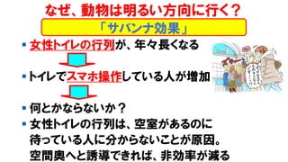 ▪ 女性トイレの行列が、年々長くなる
▪ トイレでスマホ操作している人が増加
▪ 何とかならないか？
▪ 女性トイレの行列は、空室があるのに
待っている人に分からないことが原因。
空間奥へと誘導できれば、非効率が減る
「サバンナ効果」
なぜ、動物は明るい方向に行く？
 