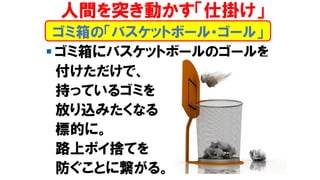 ゴミ箱の「バスケットボール・ゴール」
人間を突き動かす「仕掛け」
▪ ゴミ箱にバスケットボールのゴールを
付けただけで、
持っているゴミを
放り込みたくなる
標的に。
路上ポイ捨てを
防ぐことに繋がる。
 