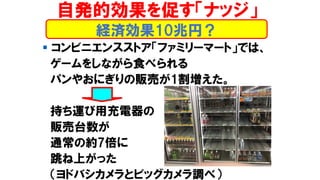 ▪ コンビニエンスストア「ファミリーマート」では、
ゲームをしながら食べられる
パンやおにぎりの販売が1割増えた。
持ち運び用充電器の
販売台数が
通常の約7倍に
跳ね上がった
（ヨドバシカメラとビッグカメラ調べ）
経済効果10兆円？
自発的効果を促す「ナッジ」
 