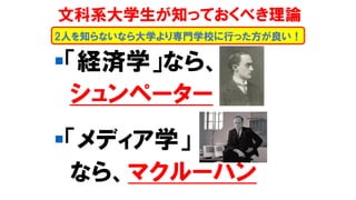 2人を知らないなら大学より専門学校に行った方が良い！
文科系大学生が知っておくべき理論
▪「経済学」なら、
シュンペーター
▪「メディア学」
なら、マクルーハン
 