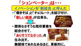 イノベーションを「新結合」と呼んだ
「シュンペーター」は・・・
▪ 「焼きそば」と「チョコレート」を結び付け、
「新しい価値」が出来る。
▪ 関係なさそうな既存要素を
結合させて、
「ありそうでなかった」を
生み出す。
無関係であれなあるほど、革新的に。
 