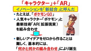 イノベーションを「新結合」と呼んだ
「キャラクター」＋「ＡＲ」
▪ たとえば、「ポケモンGO」
▪ 人気キャラクター「ポケモン」と
最新技術「ＡＲ（拡張現実）
を組み合わせ
▪ 新しいアイデアをゼロから作ることは
難しく、基本的には、
「何かと何かの組み合わせ」により誕生
 