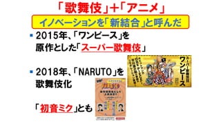 ▪ 2015年、「ワンピース」を
原作とした「スーパー歌舞伎」
▪ 2018年、「NARUTO」を
歌舞伎化
「初音ミク」とも
イノベーションを「新結合」と呼んだ
「歌舞伎」＋「アニメ」
 