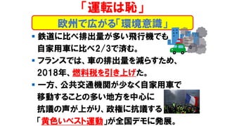 ▪ 鉄道に比べ排出量が多い飛行機でも
自家用車に比べ2/3で済む。
▪ フランスでは、車の排出量を減らすため、
2018年、燃料税を引き上げた。
▪ 一方、公共交通機関が少なく自家用車で
移動することの多い地方を中心に
抗議の声が上がり、政権に抗議する
「黄色いベスト運動」が全国デモに発展。
「運転は恥」
欧州で広がる「環境意識」
 