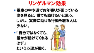 リンゲルマン効果
▪ 電車の中や道でお年寄りが困っている
姿を見ると、誰でも助けたいと思う。
しかし、実際に助ける行動を取る人は
少ない。
▪ 「自分ではなくても、
誰かが助けてくれる
はず」
という心理が働く。
 