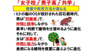 ▪ ヒトの脳のOSが設計された旧石器時代、
男は「狩猟者」で、
仲間と競争しながら
素早い判断で獲物を仕留めるように進化
それに対して、
女は「採集者」で、
仲間と協力しながら
食用になる植物を慎重に選ぶように進化
「女子校」「男子高」「共学」
授業や教育方法が異なる
 