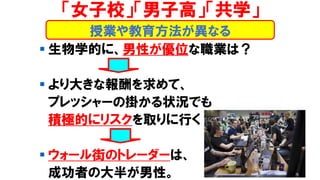 ▪ 生物学的に、男性が優位な職業は？
▪ より大きな報酬を求めて、
プレッシャーの掛かる状況でも
積極的にリスクを取りに行く
▪ ウォール街のトレーダーは、
成功者の大半が男性。
「女子校」「男子高」「共学」
授業や教育方法が異なる
 