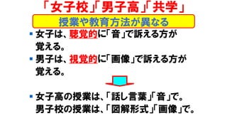 ▪ 女子は、聴覚的に「音」で訴える方が
覚える。
▪ 男子は、視覚的に「画像」で訴える方が
覚える。
▪ 女子高の授業は、「話し言葉」「音」で。
男子校の授業は、「図解形式」「画像」で。
授業や教育方法が異なる
「女子校」「男子高」「共学」
 