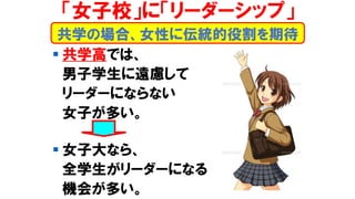 ▪ 共学高では、
男子学生に遠慮して
リーダーにならない
女子が多い。
▪ 女子大なら、
全学生がリーダーになる
機会が多い。
共学の場合、女性に伝統的役割を期待
「女子校」に「リーダーシップ」
 