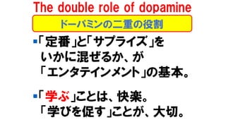 ▪「定番」と「サプライズ」を
いかに混ぜるか、が
「エンタテインメント」の基本。
▪「学ぶ」ことは、快楽。
「学びを促す」ことが、大切。
The double role of dopamine
ドーパミンの二重の役割
 