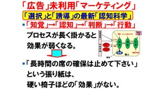 ▪ 「知覚」→「認知」→「判断」→「行動」
プロセスが長く掛かると
効果が弱くなる。
▪ 「長時間の席の確保は止めて下さい」
という張り紙は、
硬い椅子ほどの「効果」がない。
「広告」未利用「マーケティング」
「選択」と「誘導」の最新「認知科学」
 