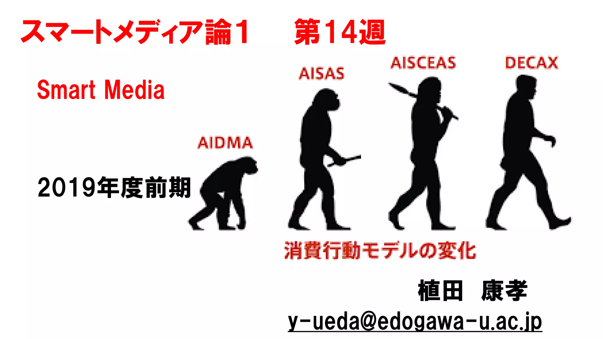スマートメディア論１ 第14週
Smart Media
2019年度前期
植田 康孝
y-ueda@edogawa-u.ac.jp
 