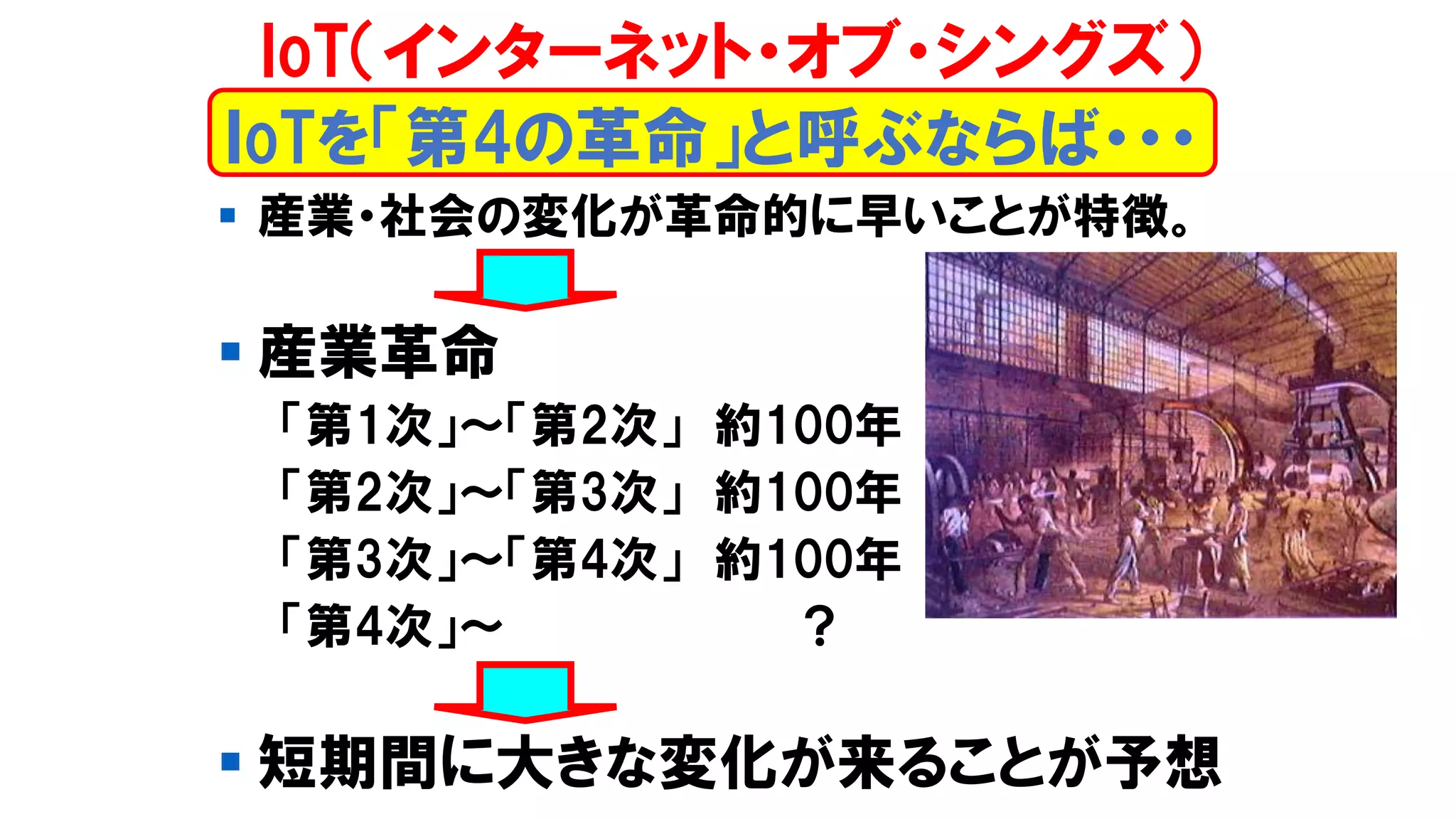 ▪ 産業・社会の変化が革命的に早いことが特徴。
▪ 産業革命
「第1次」～「第2次」 約100年
「第2次」～「第3次」 約100年
「第3次」～「第4次」 約100年
「第4次」～ ？
▪ 短期間に大きな変化が来ることが予想
ＩoTを「第4の革命」と呼ぶならば・・・
IoT（インターネット・オブ・シングズ）
 