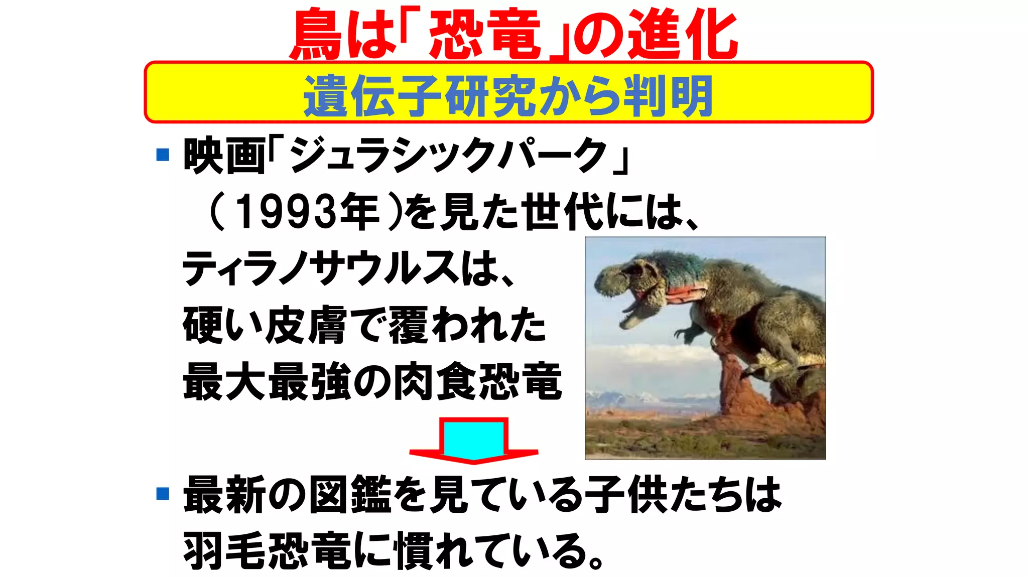 ▪ 映画「ジュラシックパーク」
（1993年）を見た世代には、
ティラノサウルスは、
硬い皮膚で覆われた
最大最強の肉食恐竜
▪ 最新の図鑑を見ている子供たちは
羽毛恐竜に慣れている。
遺伝子研究から判明
鳥は「恐竜」の進化
 