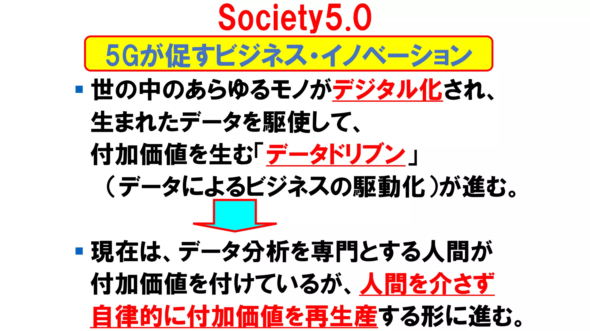 ▪ 世の中のあらゆるモノがデジタル化され、
生まれたデータを駆使して、
付加価値を生む「データドリブン」
（データによるビジネスの駆動化）が進む。
▪ 現在は、データ分析を専門とする人間が
付加価値を付けているが、人間を介さず
自律的に付加価値を再生産する形に進む。
5Gが促すビジネス・イノベーション
Society5.0
 