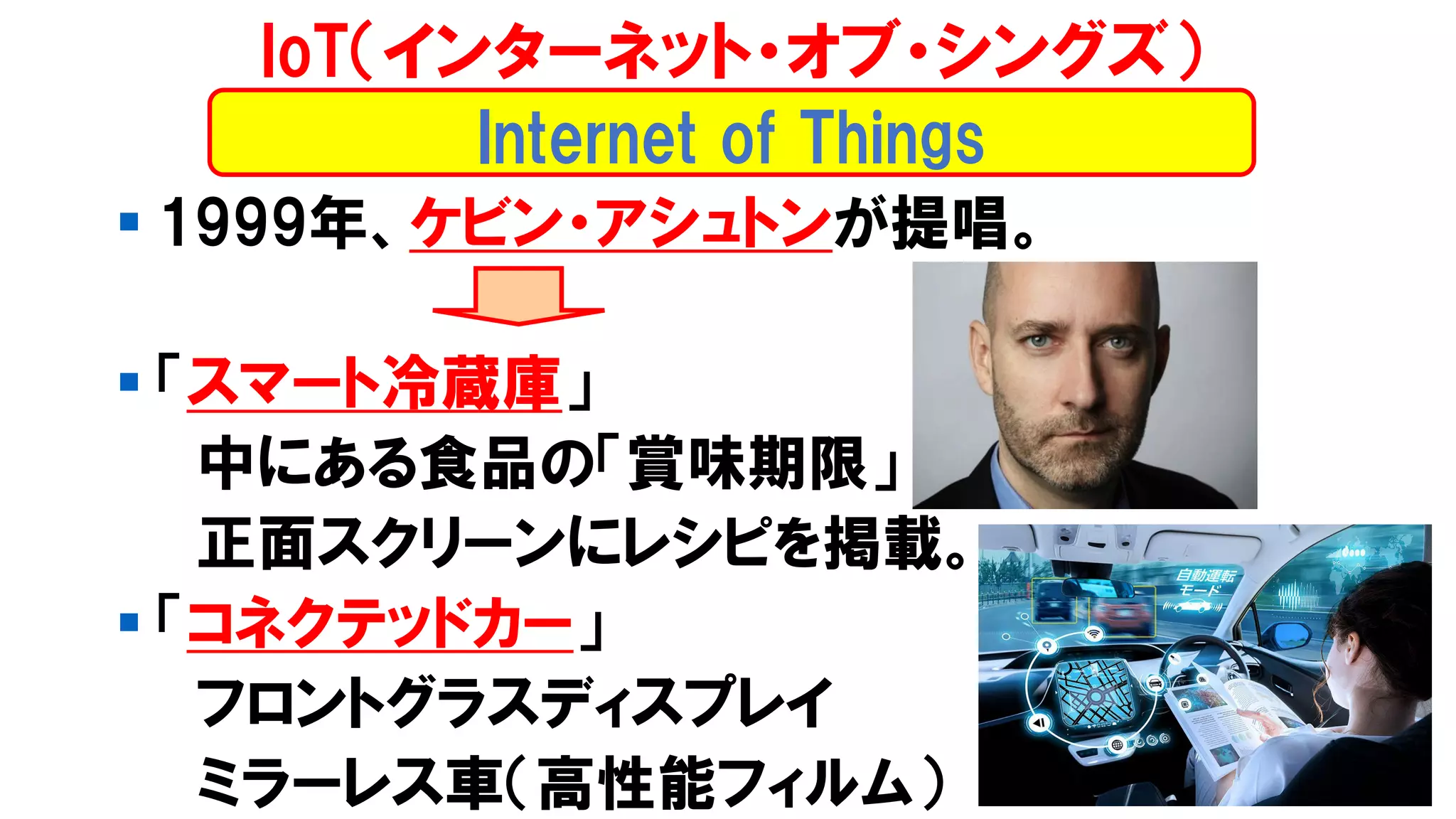 ▪ 1999年、ケビン・アシュトンが提唱。
▪ 「スマート冷蔵庫」
中にある食品の「賞味期限」
正面スクリーンにレシピを掲載。
▪ 「コネクテッドカー」
フロントグラスディスプレイ
ミラーレス車（高性能フィルム）
Internet of Things
IoT（インターネット・オブ・シングズ）
 