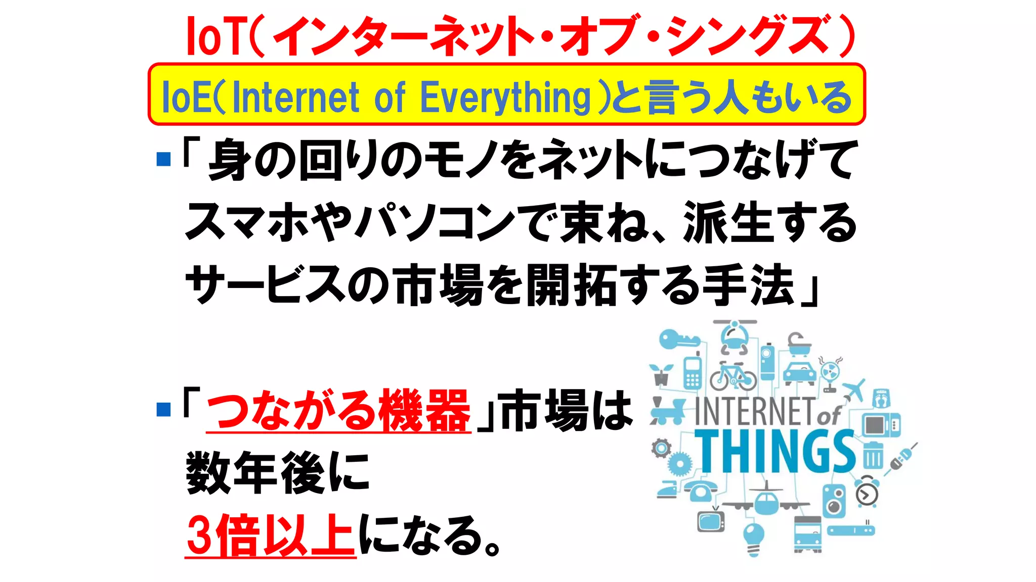 ▪ 「身の回りのモノをネットにつなげて
スマホやパソコンで束ね、派生する
サービスの市場を開拓する手法」
▪ 「つながる機器」市場は
数年後に
3倍以上になる。
IoT（インターネット・オブ・シングズ）
IoE（Internet of Everything）と言う人もいる
 