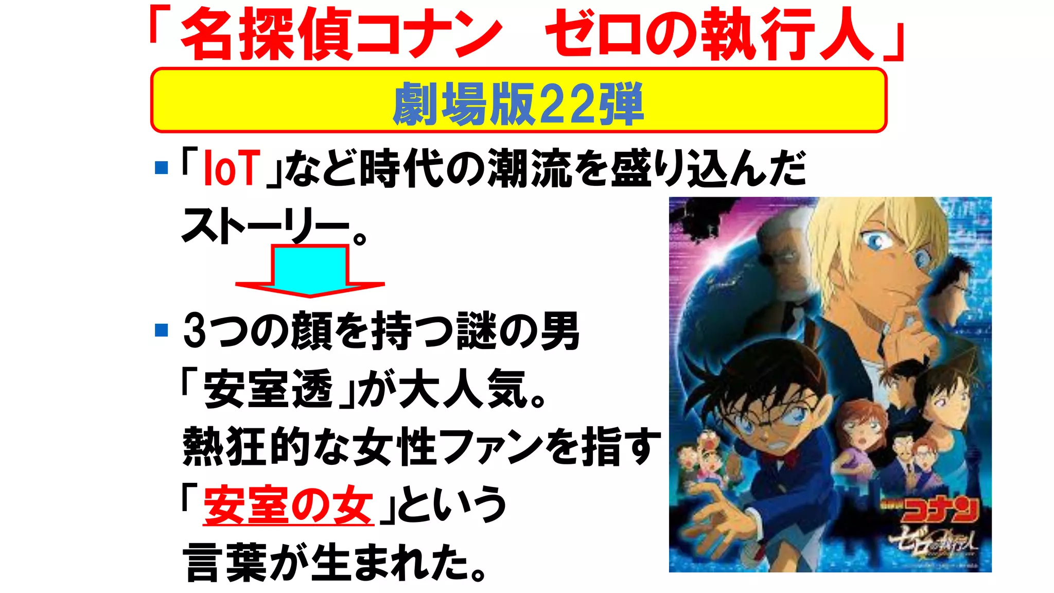 ▪ 「IoT」など時代の潮流を盛り込んだ
ストーリー。
▪ 3つの顔を持つ謎の男
「安室透」が大人気。
熱狂的な女性ファンを指す
「安室の女」という
言葉が生まれた。
劇場版22弾
「名探偵コナン ゼロの執行人」
 