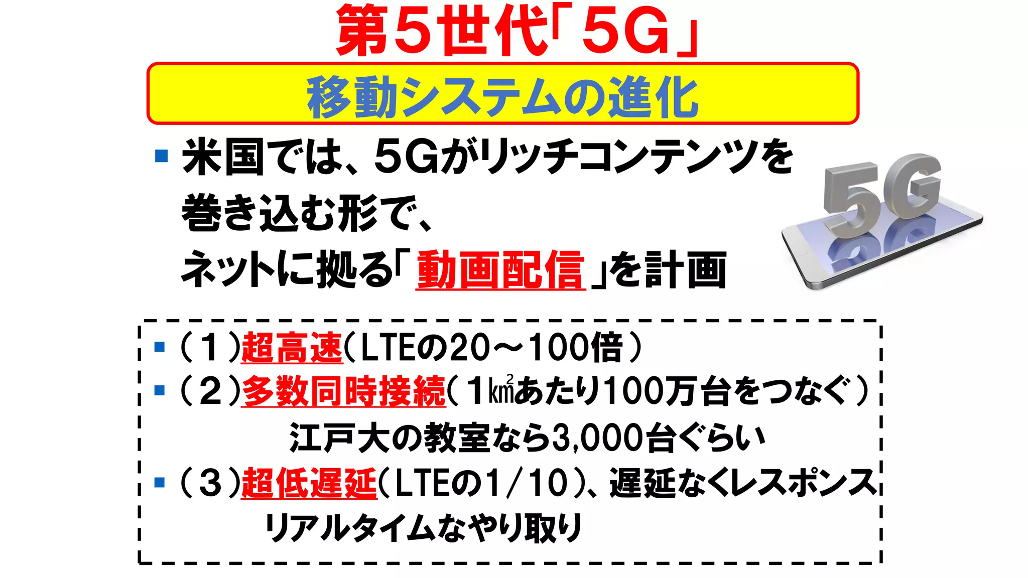 ▪ 米国では、５Ｇがリッチコンテンツを
巻き込む形で、
ネットに拠る「動画配信」を計画
▪ （１）超高速（LTEの20～100倍）
▪ （２）多数同時接続（１㎢あたり100万台をつなぐ）
江戸大の教室なら3,000台ぐらい
▪ （３）超低遅延（LTEの1/10）、遅延なくレスポンス
リアルタイムなやり取り
第５世代「５Ｇ」
移動システムの進化
 