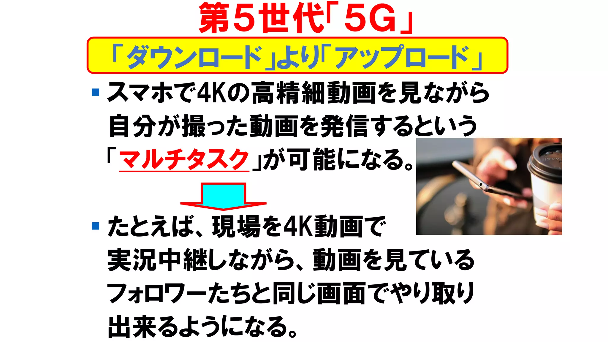 ▪ スマホで4Kの高精細動画を見ながら
自分が撮った動画を発信するという
「マルチタスク」が可能になる。
▪ たとえば、現場を4K動画で
実況中継しながら、動画を見ている
フォロワーたちと同じ画面でやり取り
出来るようになる。
第５世代「５Ｇ」
「ダウンロード」より「アップロード」
 