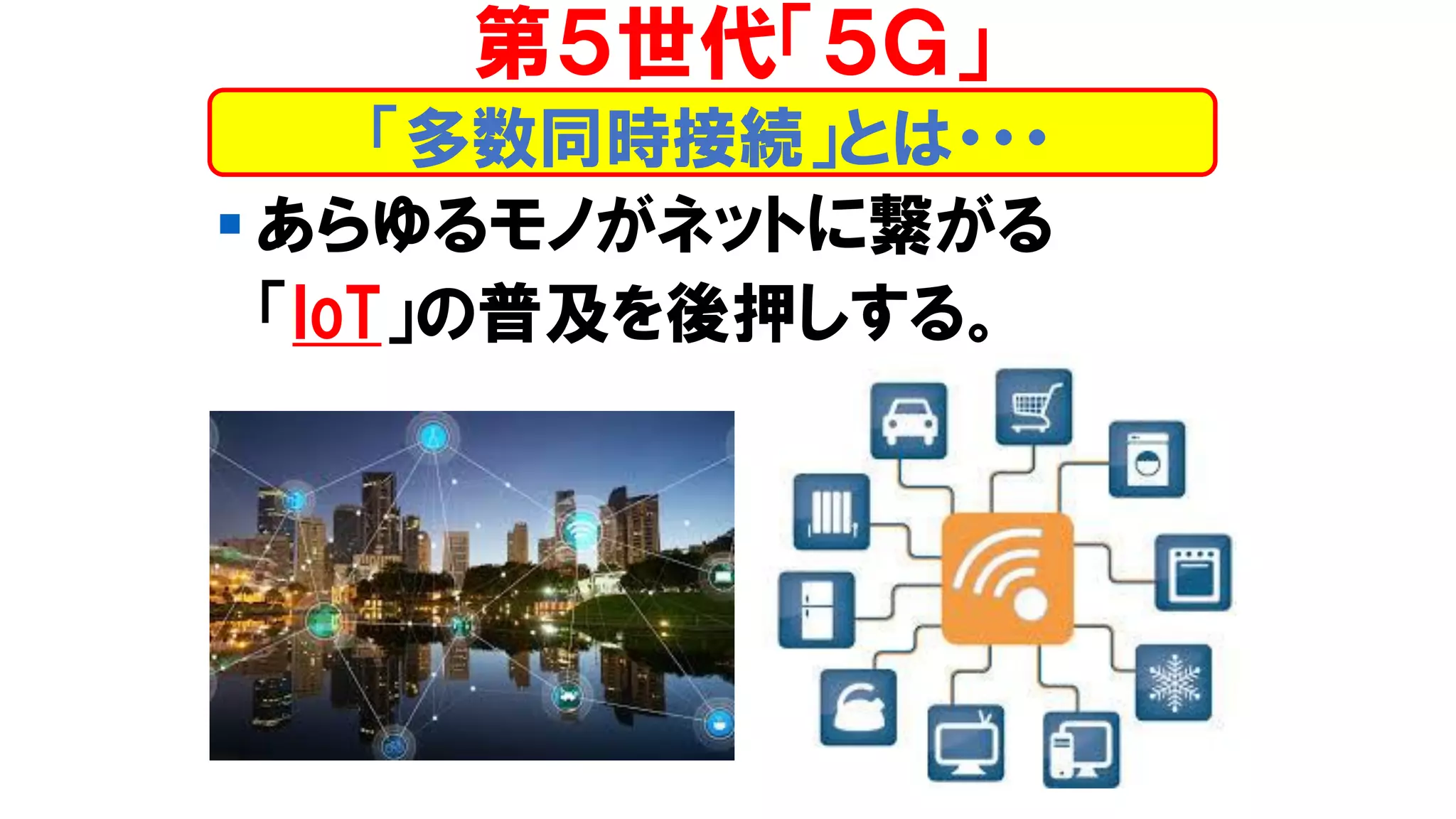 ▪ あらゆるモノがネットに繋がる
「IoT」の普及を後押しする。
第５世代「５Ｇ」
「多数同時接続」とは・・・
 