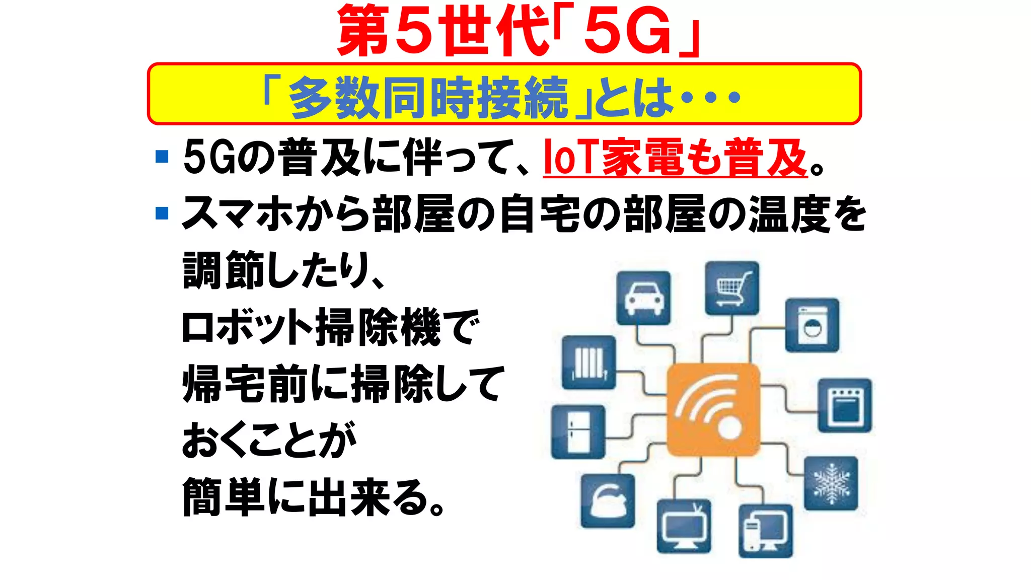 ▪ 5Gの普及に伴って、IoT家電も普及。
▪ スマホから部屋の自宅の部屋の温度を
調節したり、
ロボット掃除機で
帰宅前に掃除して
おくことが
簡単に出来る。
第５世代「５Ｇ」
「多数同時接続」とは・・・
 