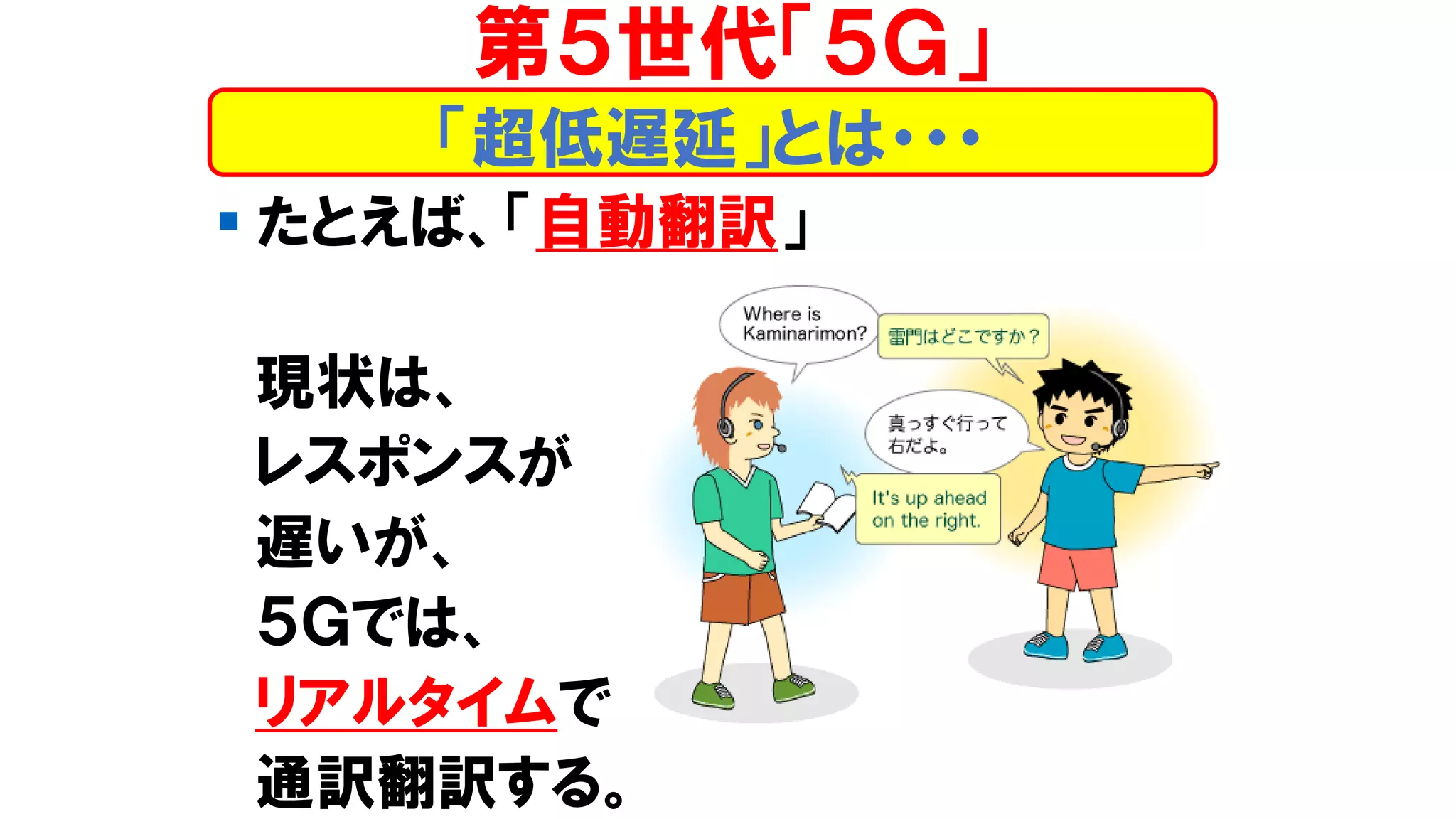 ▪ たとえば、「自動翻訳」
現状は、
レスポンスが
遅いが、
５Ｇでは、
リアルタイムで
通訳翻訳する。
第５世代「５Ｇ」
「超低遅延」とは・・・
 