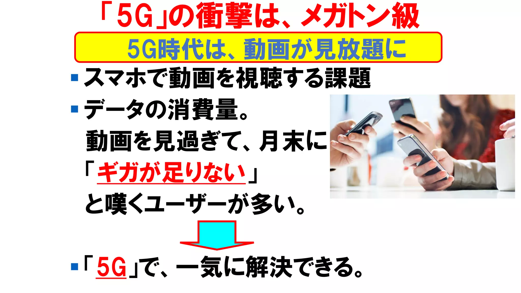 ▪ スマホで動画を視聴する課題
▪ データの消費量。
動画を見過ぎて、月末に
「ギガが足りない」
と嘆くユーザーが多い。
▪ 「5G」で、一気に解決できる。
5G時代は、動画が見放題に
「5G」の衝撃は、メガトン級
 