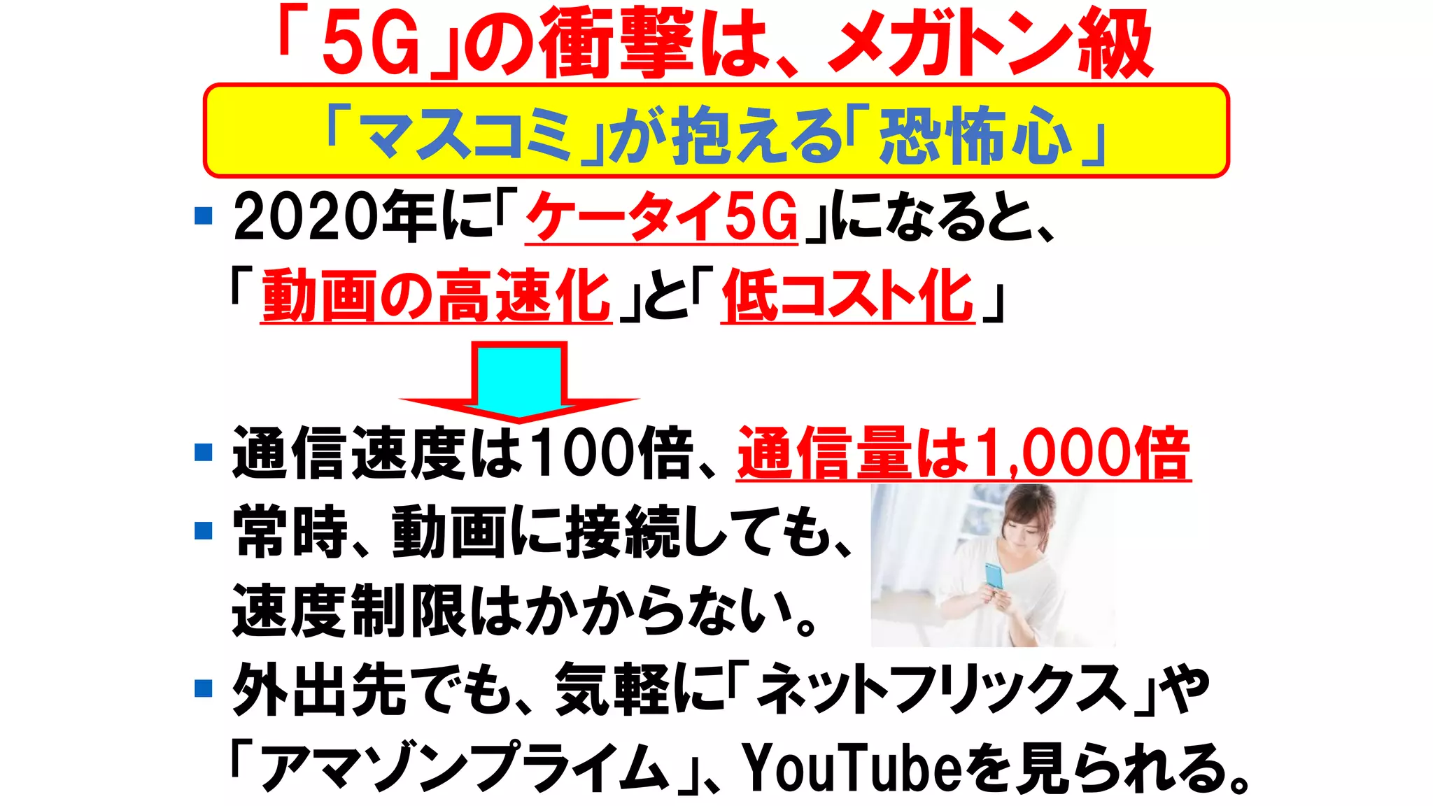 ▪ 2020年に「ケータイ5G」になると、
「動画の高速化」と「低コスト化」
▪ 通信速度は100倍、通信量は1,000倍
▪ 常時、動画に接続しても、
速度制限はかからない。
▪ 外出先でも、気軽に「ネットフリックス」や
「アマゾンプライム」、YouTubeを見られる。
「5G」の衝撃は、メガトン級
「マスコミ」が抱える「恐怖心」
 
