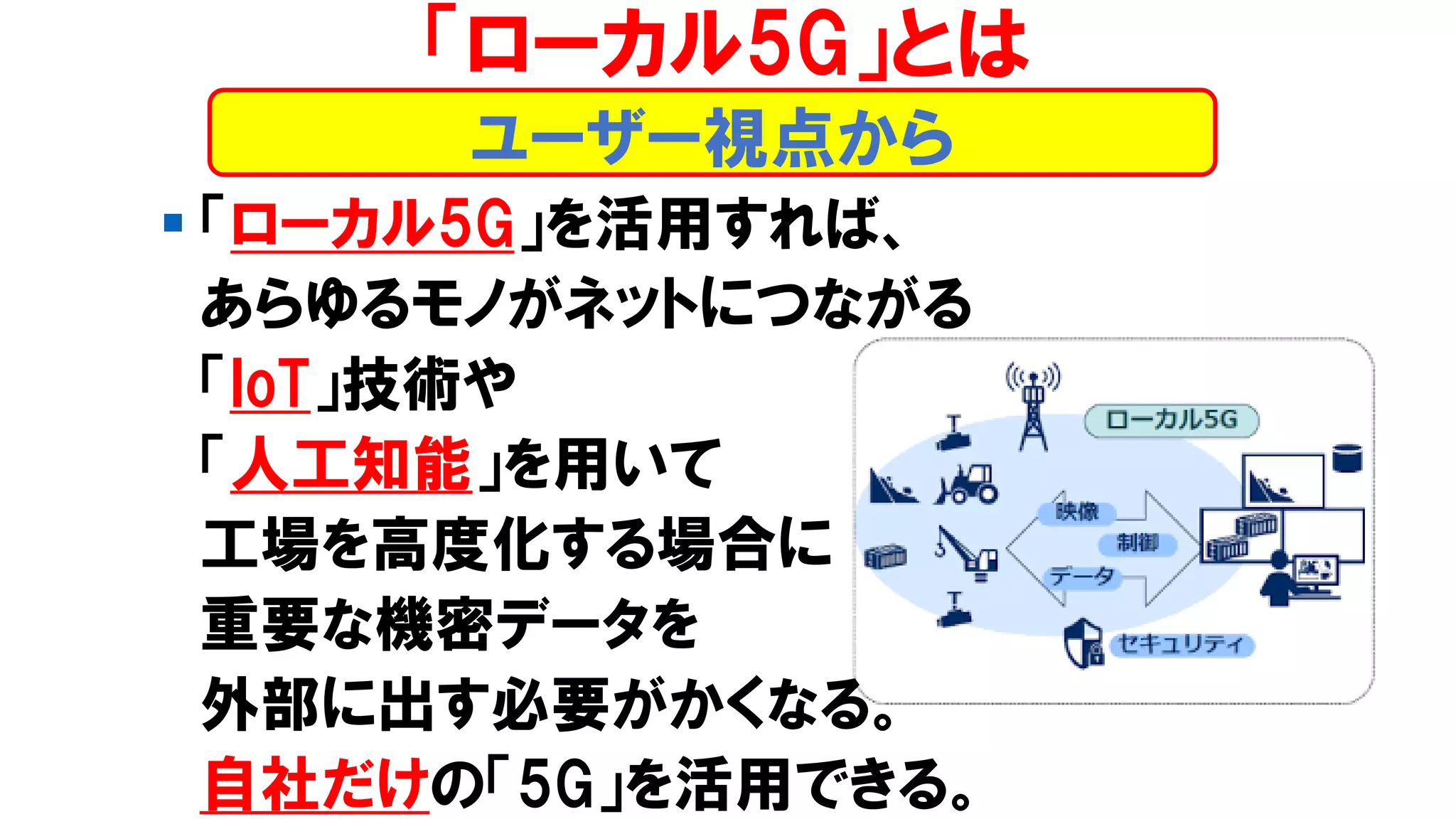 ▪ 「ローカル5G」を活用すれば、
あらゆるモノがネットにつながる
「IoT」技術や
「人工知能」を用いて
工場を高度化する場合に
重要な機密データを
外部に出す必要がかくなる。
自社だけの「5G」を活用できる。
「ローカル5G」とは
ユーザー視点から
 