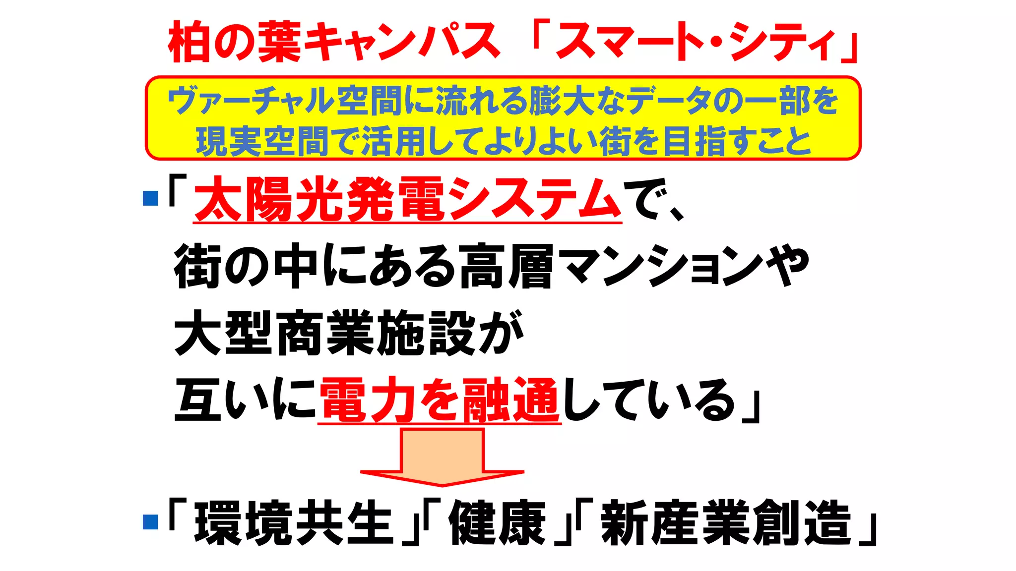 柏の葉キャンパス 「スマート・シティ」
▪「太陽光発電システムで、
街の中にある高層マンションや
大型商業施設が
互いに電力を融通している」
▪「環境共生」「健康」「新産業創造」
ヴァーチャル空間に流れる膨大なデータの一部を
現実空間で活用してよりよい街を目指すこと
 