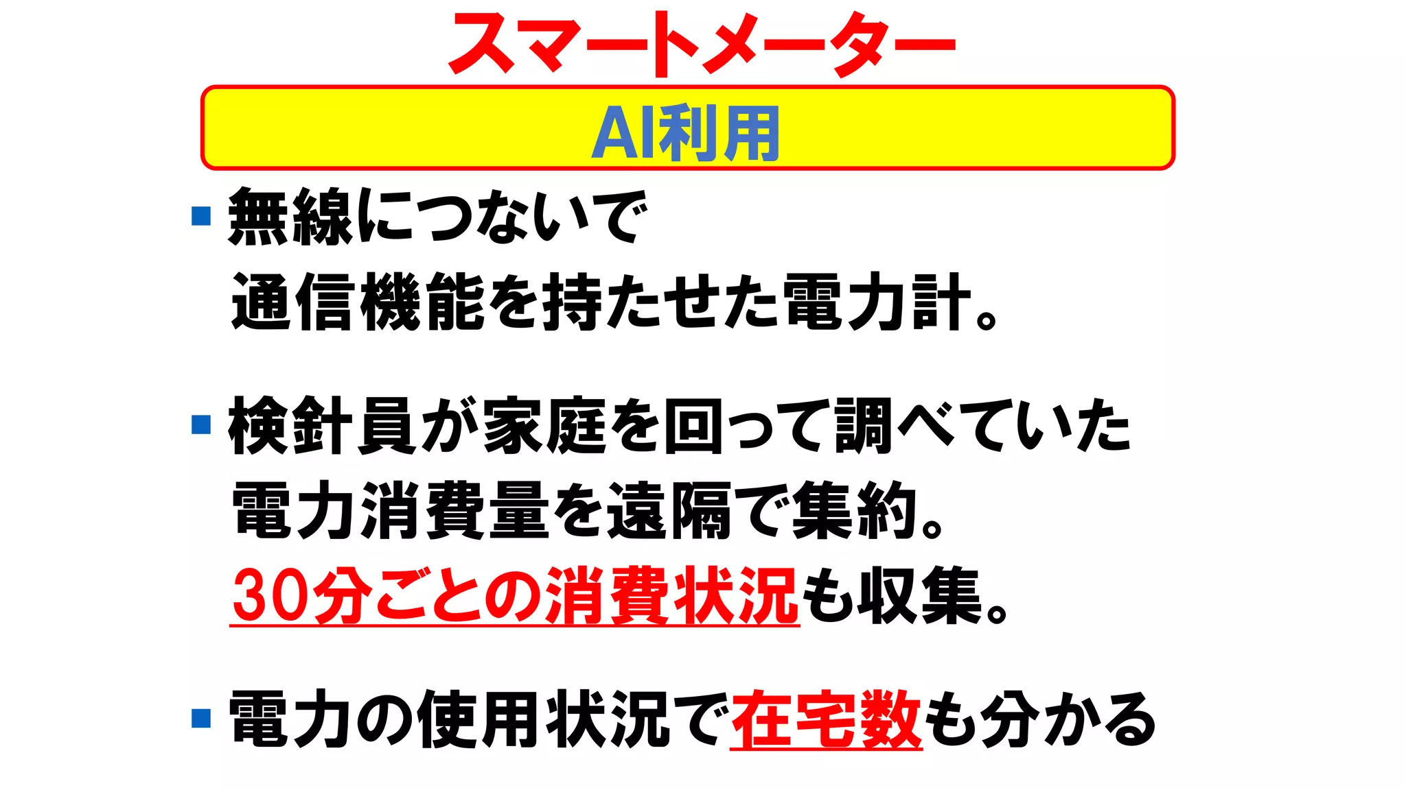 ▪ 無線につないで
通信機能を持たせた電力計。
▪ 検針員が家庭を回って調べていた
電力消費量を遠隔で集約。
30分ごとの消費状況も収集。
▪ 電力の使用状況で在宅数も分かる
スマートメーター
ＡＩ利用
 