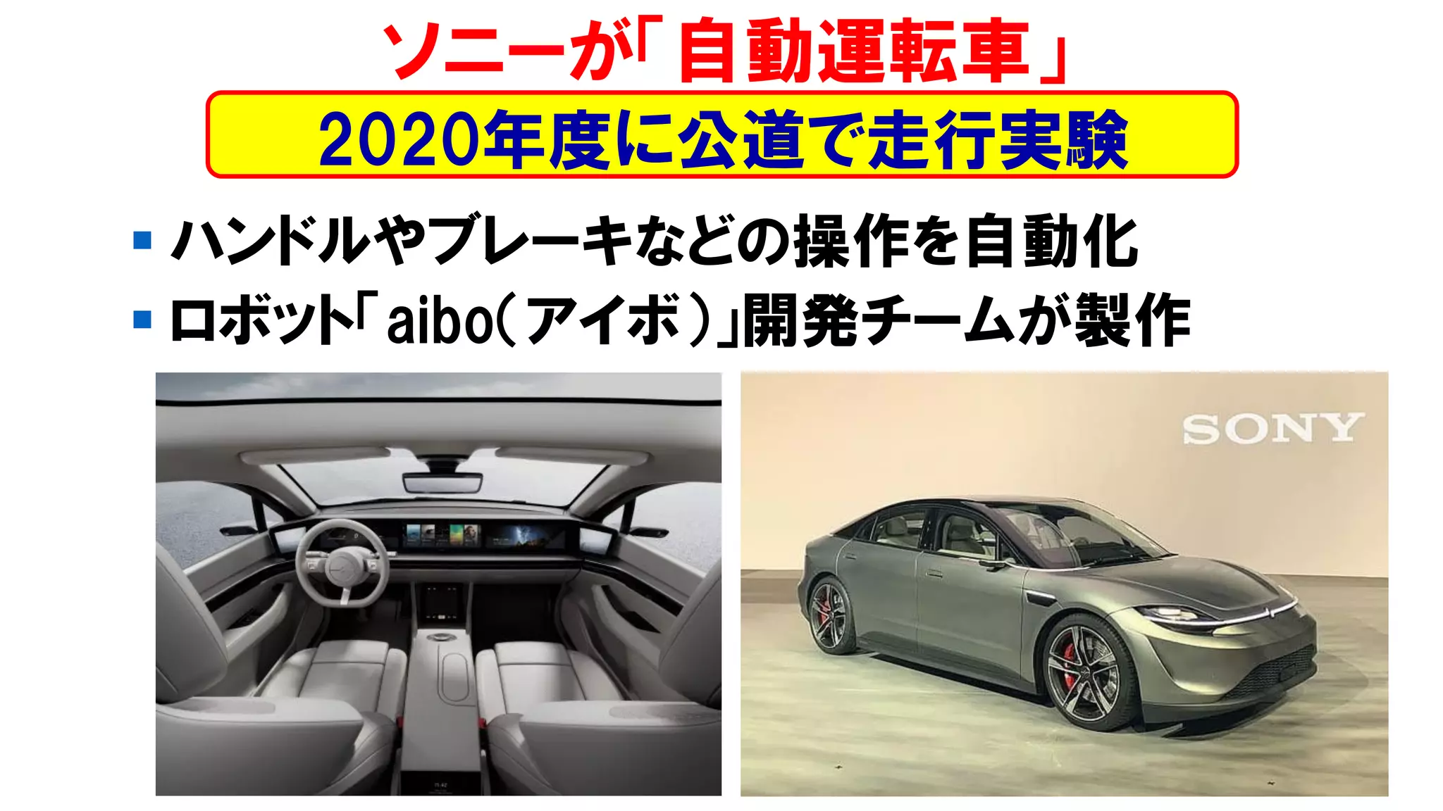 ▪ ハンドルやブレーキなどの操作を自動化
▪ ロボット「aibo（アイボ）」開発チームが製作
ソニーが「自動運転車」
2020年度に公道で走行実験
 