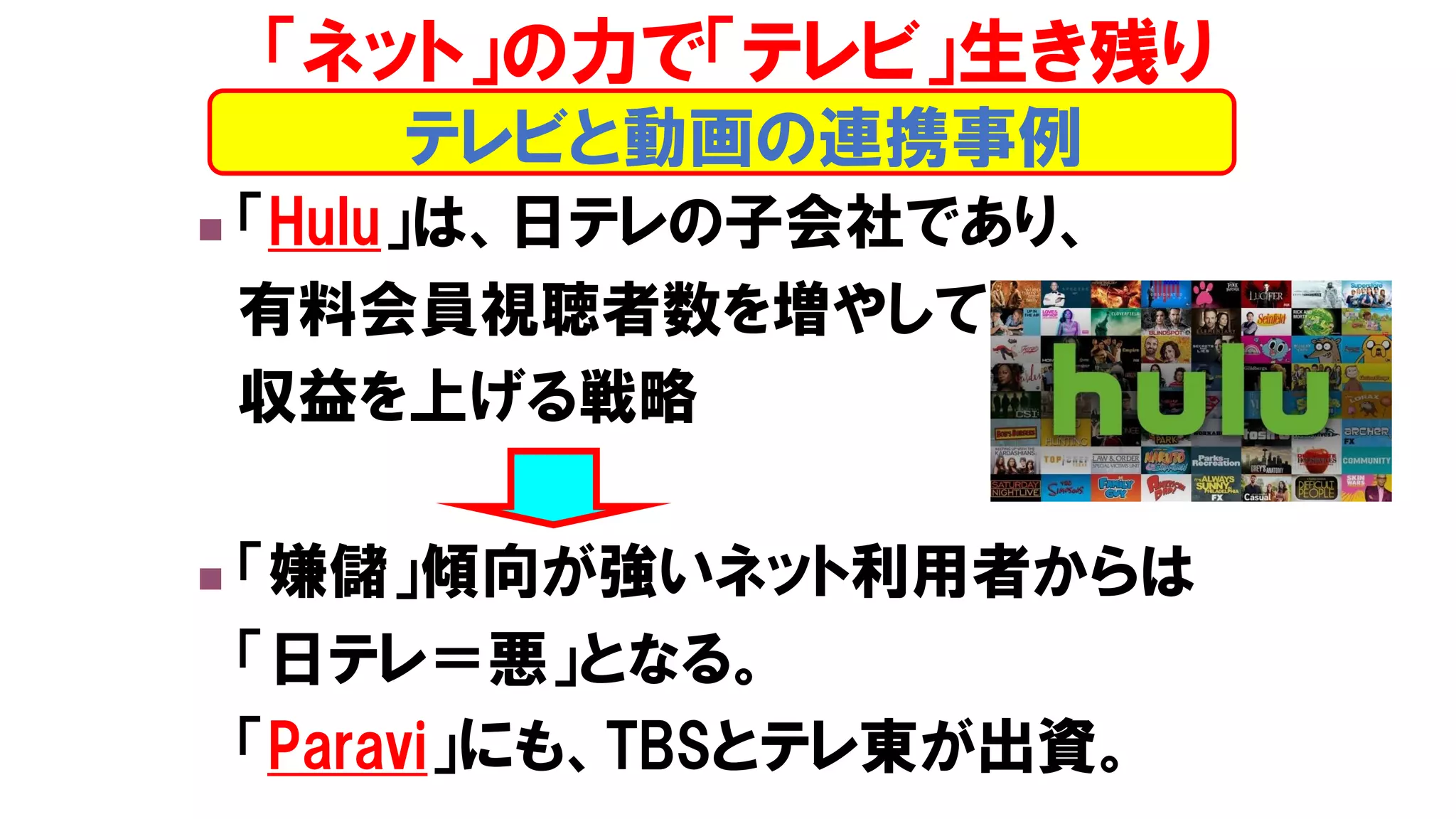 ◼ 「Hulu」は、日テレの子会社であり、
有料会員視聴者数を増やして
収益を上げる戦略
◼ 「嫌儲」傾向が強いネット利用者からは
「日テレ＝悪」となる。
「Paravi」にも、TBSとテレ東が出資。
テレビと動画の連携事例
「ネット」の力で「テレビ」生き残り
 