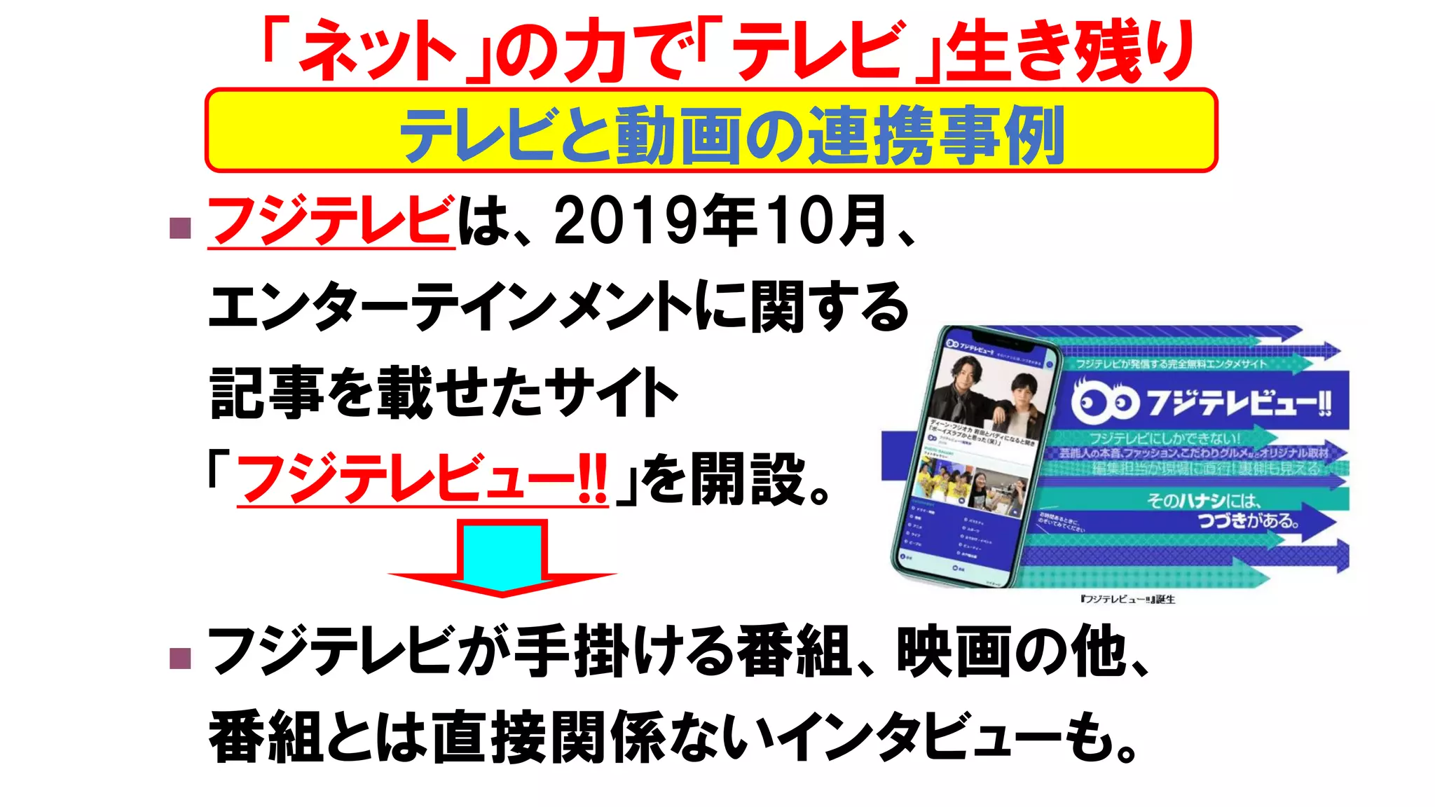 ◼ フジテレビは、2019年10月、
エンターテインメントに関する
記事を載せたサイト
「フジテレビュー!!」を開設。
◼ フジテレビが手掛ける番組、映画の他、
番組とは直接関係ないインタビューも。
テレビと動画の連携事例
「ネット」の力で「テレビ」生き残り
 
