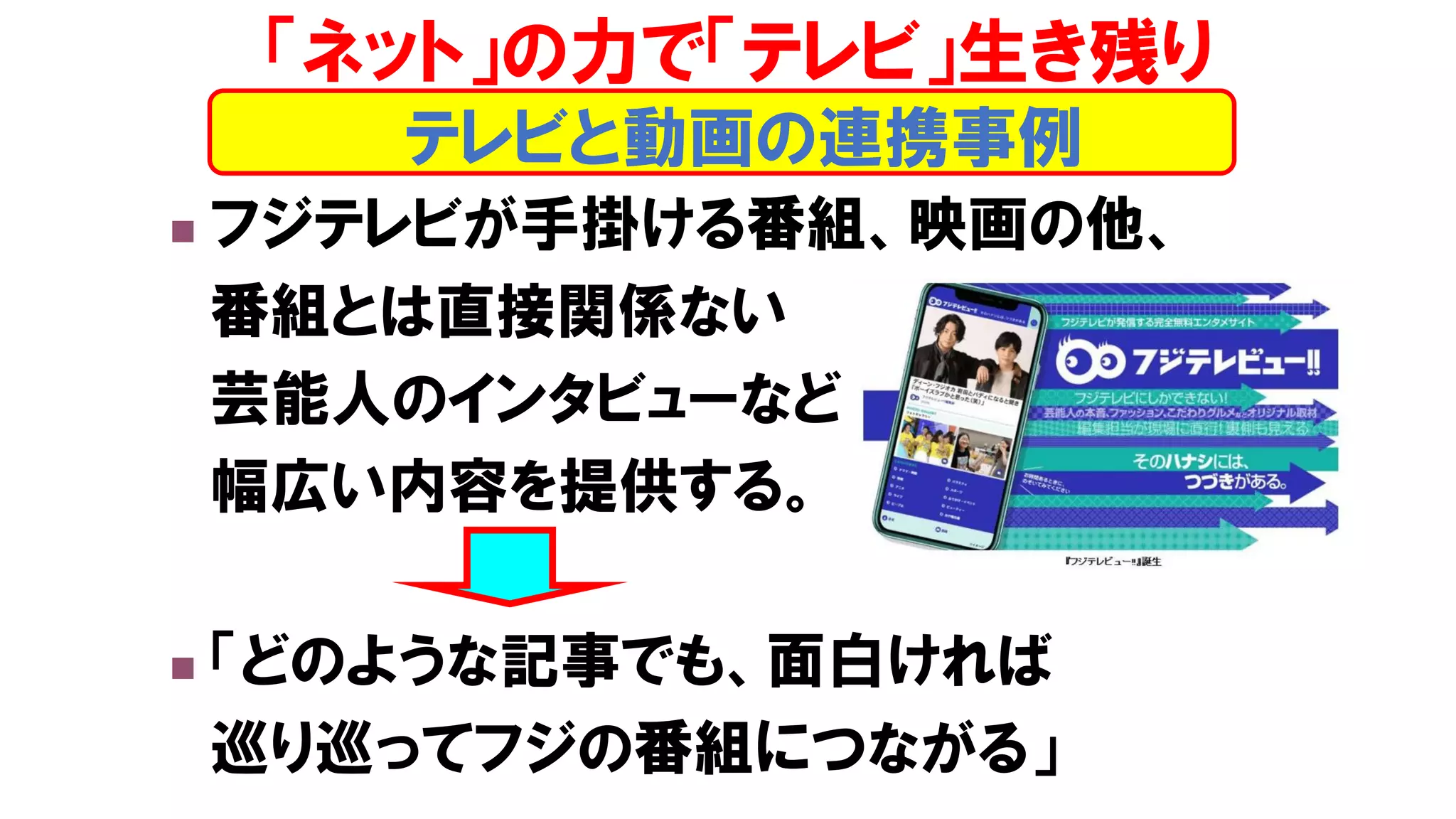 ◼ フジテレビが手掛ける番組、映画の他、
番組とは直接関係ない
芸能人のインタビューなど
幅広い内容を提供する。
◼ 「どのような記事でも、面白ければ
巡り巡ってフジの番組につながる」
テレビと動画の連携事例
「ネット」の力で「テレビ」生き残り
 
