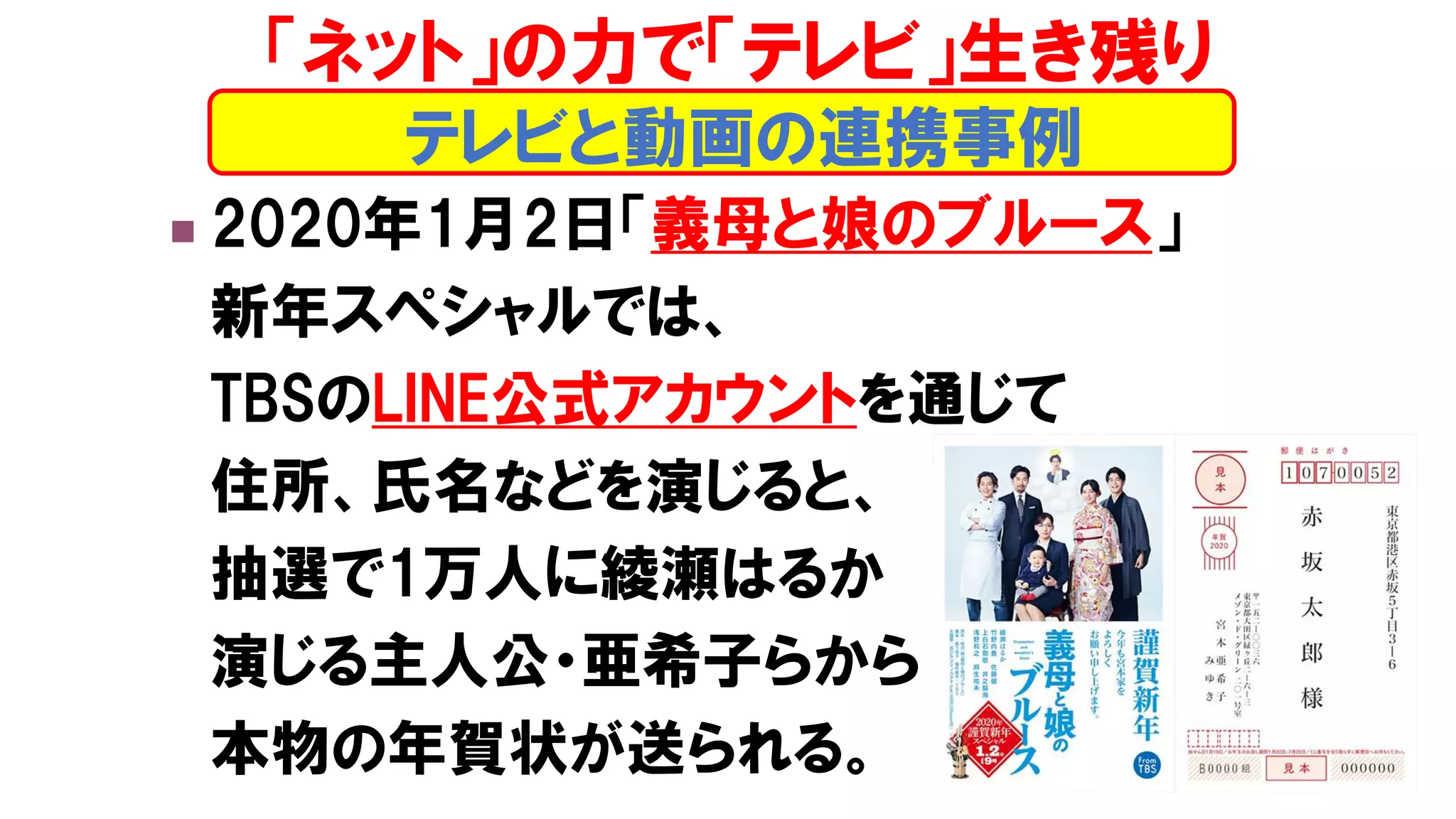 ◼ 2020年1月2日「義母と娘のブルース」
新年スペシャルでは、
TBSのLINE公式アカウントを通じて
住所、氏名などを演じると、
抽選で1万人に綾瀬はるか
演じる主人公・亜希子らから
本物の年賀状が送られる。
テレビと動画の連携事例
「ネット」の力で「テレビ」生き残り
 