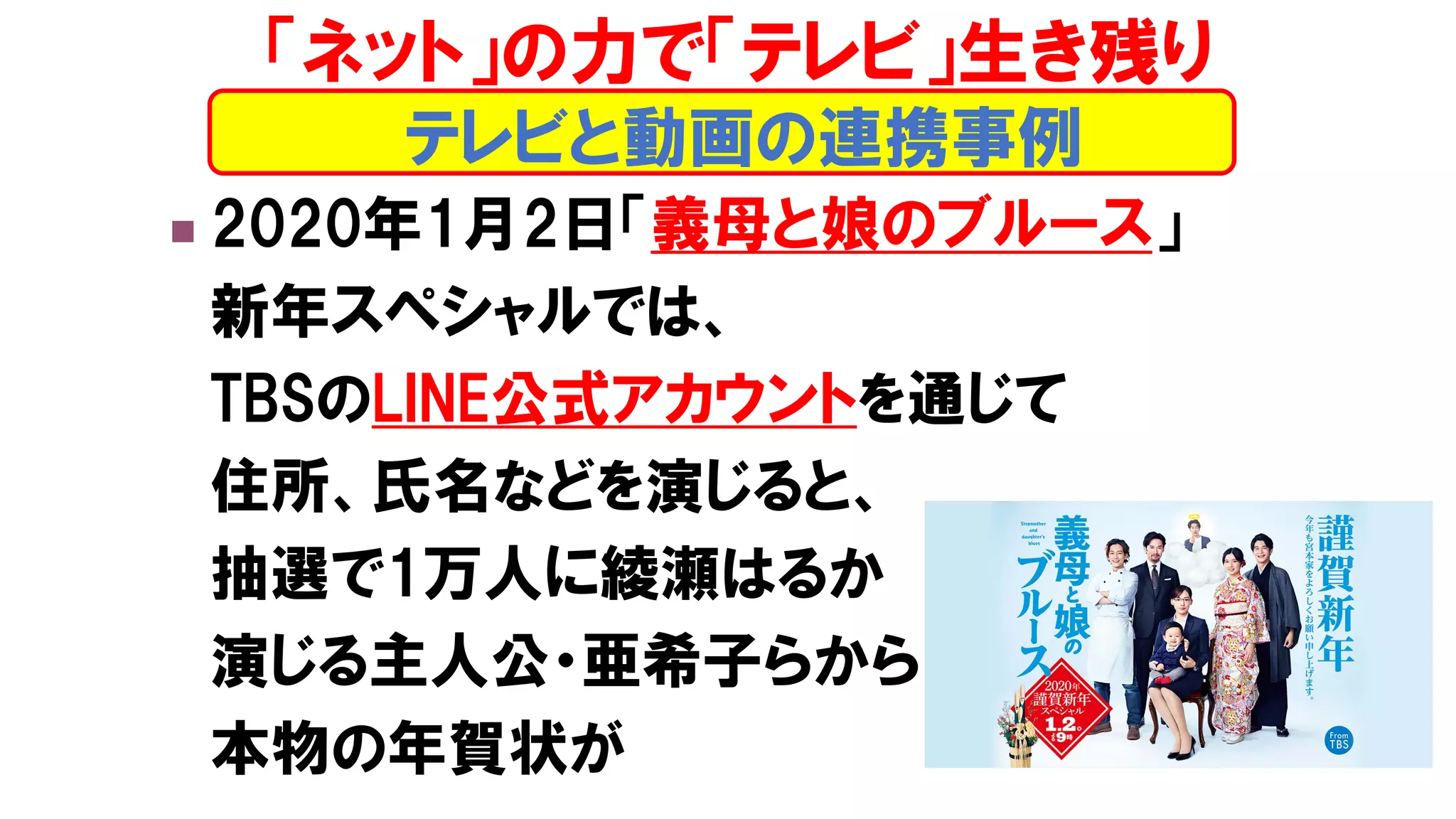 ◼ 2020年1月2日「義母と娘のブルース」
新年スペシャルでは、
TBSのLINE公式アカウントを通じて
住所、氏名などを演じると、
抽選で1万人に綾瀬はるか
演じる主人公・亜希子らから
本物の年賀状が
テレビと動画の連携事例
「ネット」の力で「テレビ」生き残り
 