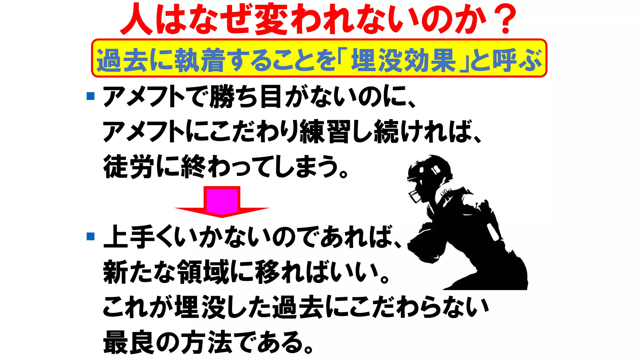▪ アメフトで勝ち目がないのに、
アメフトにこだわり練習し続ければ、
徒労に終わってしまう。
▪ 上手くいかないのであれば、
新たな領域に移ればいい。
これが埋没した過去にこだわらない
最良の方法である。
人はなぜ変われないのか？
過去に執着することを「埋没効果」と呼ぶ
 