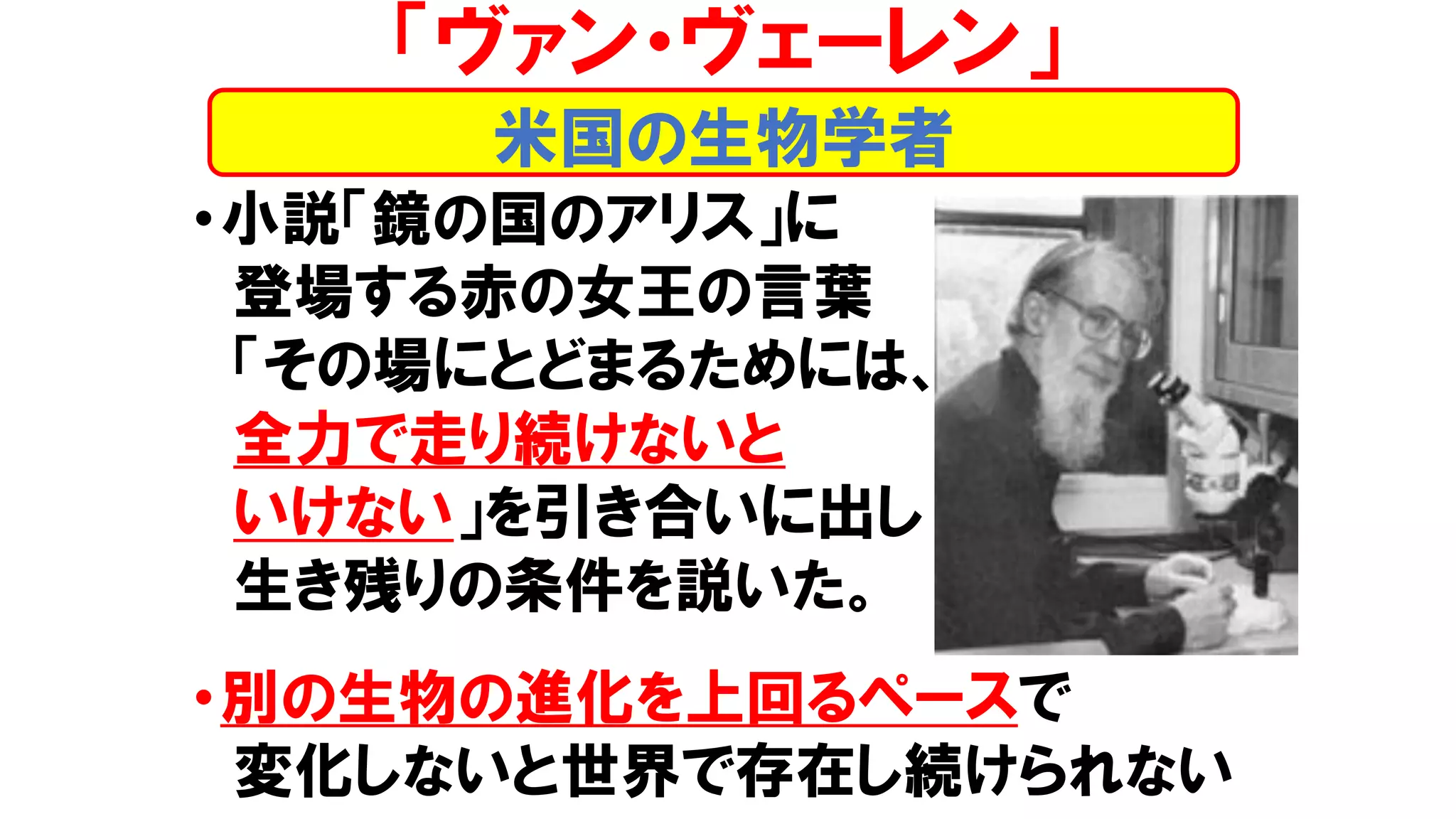•小説「鏡の国のアリス」に
登場する赤の女王の言葉
「その場にとどまるためには、
全力で走り続けないと
いけない」を引き合いに出し
生き残りの条件を説いた。
•別の生物の進化を上回るペースで
変化しないと世界で存在し続けられない
米国の生物学者
「ヴァン・ヴェーレン」
 