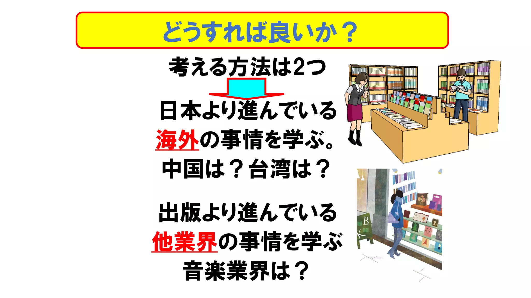 考える方法は2つ
日本より進んでいる
海外の事情を学ぶ。
中国は？台湾は？
出版より進んでいる
他業界の事情を学ぶ
音楽業界は？
どうすれば良いか？
 