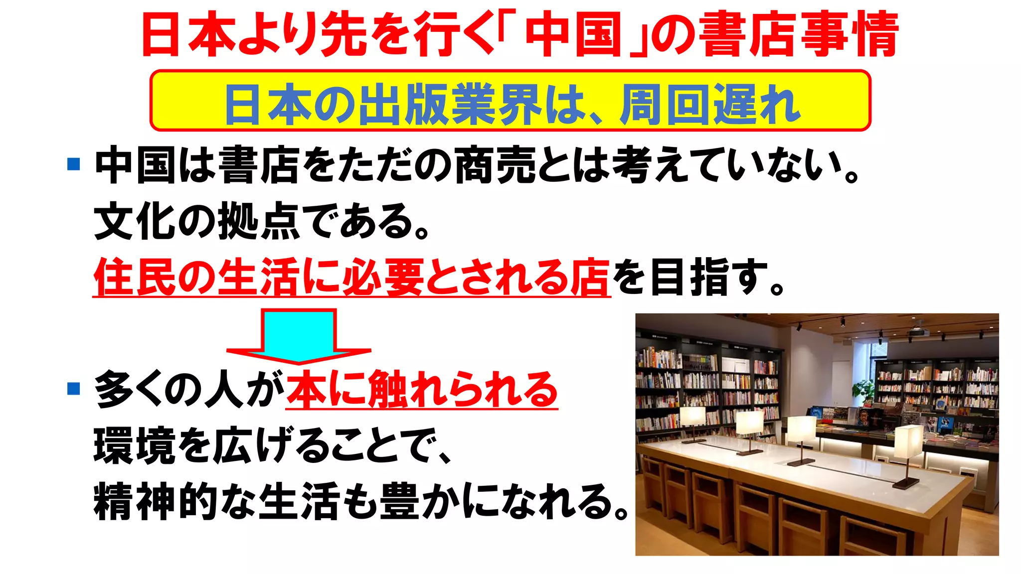 ▪ 中国は書店をただの商売とは考えていない。
文化の拠点である。
住民の生活に必要とされる店を目指す。
▪ 多くの人が本に触れられる
環境を広げることで、
精神的な生活も豊かになれる。
日本より先を行く「中国」の書店事情
日本の出版業界は、周回遅れ
 
